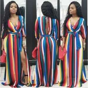 Long sleeve high split summer maxi dress Colorful